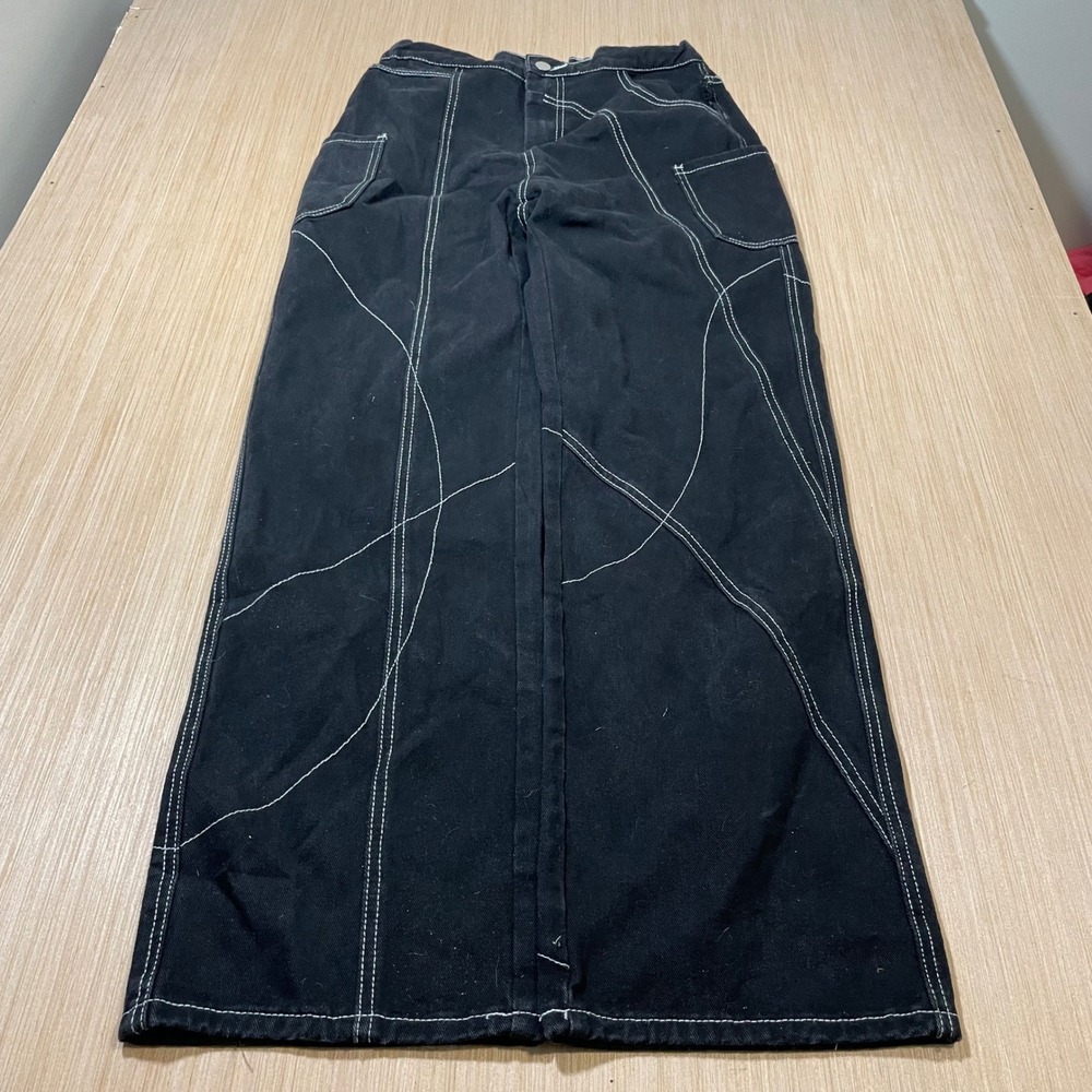 Unbranded Contrast Stitch Cargo Pants Women Black Wide Leg Y2K Streetwear 27x27